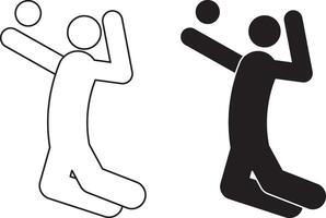 Volleyball player icon. The image depicts a stick figure in a dynamic pose, jumping and preparing to hit the ball. The design is simple and minimalistic vector