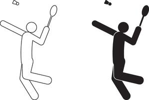 Badminton player icon. The image features a stick figure in an action pose, holding a racket and hitting a shuttlecock vector