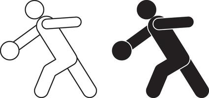outline silhouette side view bowling player in a throwing motion, holding a bowling ball icon set vector