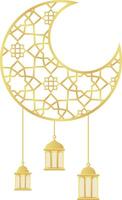 Big Gold Gradient Crescent with Star Minimalist Islamic Pattern and Three Islamic Lantern Element for Ramadan vector