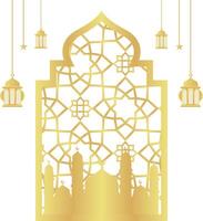 Gold Gradient with Islamic Pattern Oriental Style Islamic Frame Arches with Modern Boho Mosque with Star and Lantern vector