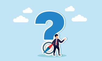 Businessman stands beside a question mark with a compass at the bottom, illustration of confusion in determining the right business policy direction vector