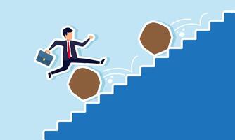 Businessman climbs stairs and jumps to avoid rolling stones from the top, illustration of avoiding confrontation and problems in business vector