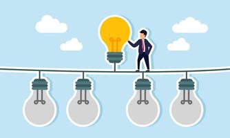 A businessman stands beside a lit lamp among several turned-off lamps, illustration of choosing and deciding to use the right idea and innovation for a company business vector