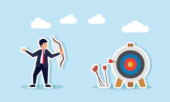 Businessman trains relentlessly in archery aiming at a target board, illustration of passion in developing business skills and instincts vector