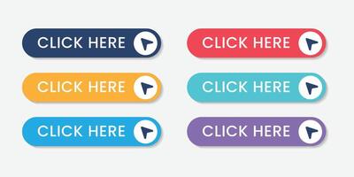 Click here arrow button click icon. Click here web button. Web button with arrow pointer action. Click here ui button concept. vector
