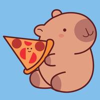 The cute capybara character, the rodent, capybara eating pizza on blue background. kawaii capybara vector