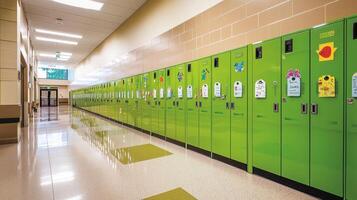 The hallway features a row of bright green lockers, reflecting creativity with colorful student artwork. Light floods in from windows, creating a welcoming school environment photo