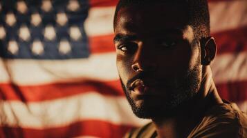 A man in front of an american flag photo
