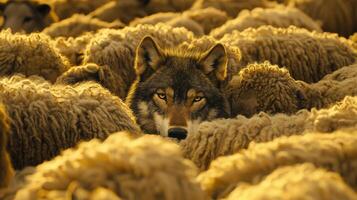 A wolf quietly watches a large group of sheep in a serene countryside scene. The warm light of late afternoon highlights the contrast between the predator and its prey photo