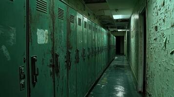 In a deserted building, worn green lockers create a narrow corridor. The walls are peeling and the lighting is dim, enhancing the eerie atmosphere typical of an abandoned space photo