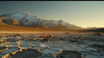 Golden light casts shadows over rugged, snow-capped mountains and vast salt flats, showcasing the serene beauty of a remote desert landscape at sunset photo