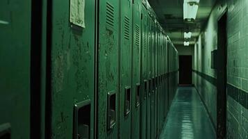 A long, narrow hallway in a school shows rows of old green lockers against worn walls. The dim lighting creates a nostalgic atmosphere, evoking memories of school days photo