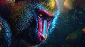 A colorful monkey with a bright pink nose photo