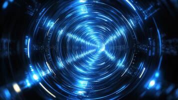 Abstract blue tunnel with lights and a glowing light photo