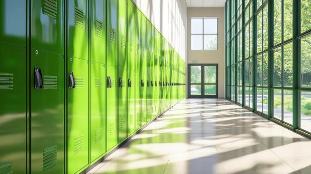 A long hallway features vibrant green lockers on one side, while large windows allow ample sunlight to illuminate the space. The tranquil environment promotes learning photo