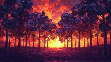 A forest with trees and fire in the background photo
