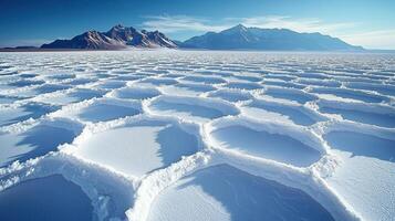 Vast hexagonal patterns of salt stretch across the flat landscape, glimmering under the midday sun, with snow-capped mountains in the distance creating a stunning backdrop photo