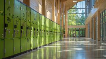 Brightly colored lockers are arranged along a spacious hallway illuminated by natural light streaming through large windows. The environment feels open and inviting photo