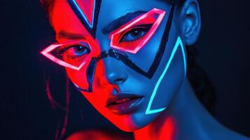 A woman with neon makeup and a red and blue face photo