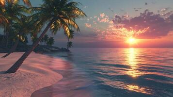 A tropical beach with palm trees and the sun setting photo