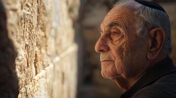 An older man looking at the wall photo