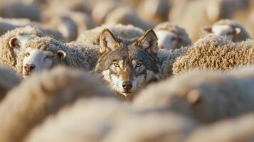 A wolf stalks silently among a herd of sheep in an open field. The sun rises in the background, casting a soft light over the serene but tense scene as the wolf eyes its next move photo