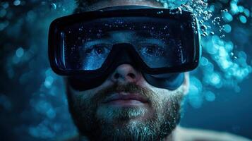 A man wearing a diving mask and goggles photo