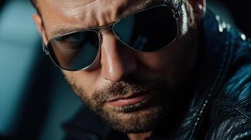 A man in sunglasses and leather jacket photo