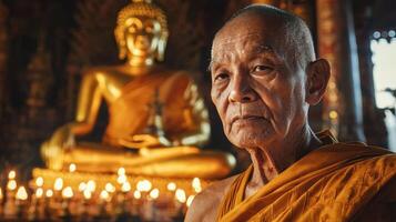 An old monk in front of a golden buddha photo