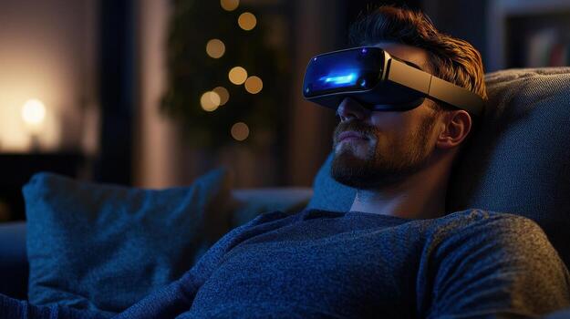 A man wearing a vr headset is sitting on a couch photo