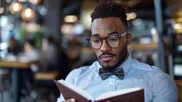A man wearing glasses and a bow tie reading a book photo