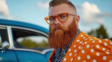 A man with a red beard and glasses is standing next to an old car photo