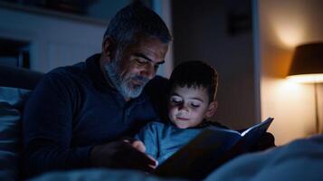 A man and boy reading a book at night photo
