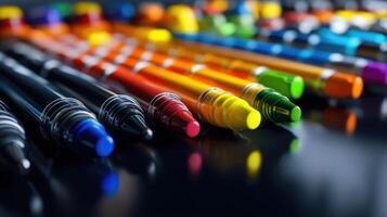 Many colored crayons are lined up on a black surface photo