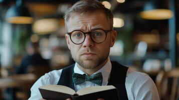 A man wearing glasses and a bow tie is reading a book photo