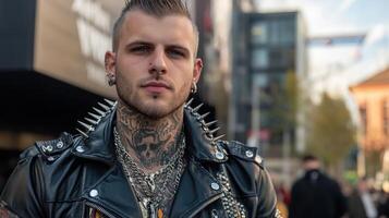 A man with tattoos and a leather jacket photo