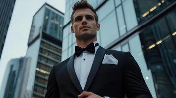 A man in a tuxedo standing in front of tall buildings photo