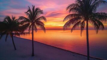 Palm trees on the beach at sunset photo
