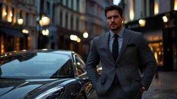 A man in a suit standing next to a car photo