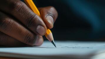 A person holding a pencil and writing on a piece of paper photo
