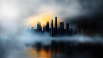 A city in the fog with a sunset behind it photo