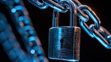 A lock and chain are shown in a dark background photo