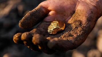 A person holding a gold nugget in their hand photo