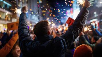 A man holding up his hands in the air at a new year's celebration photo