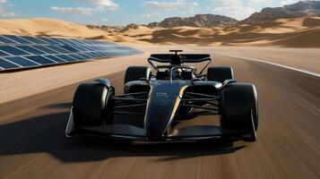 A race car driving through the desert with solar panels photo