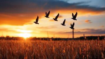 Birds flying over a field at sunset photo