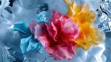 A flower floating in water with a blue and yellow center photo