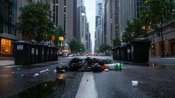 A street with trash cans and garbage on the ground photo