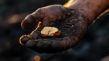 A person holding a gold nugget in their hand photo